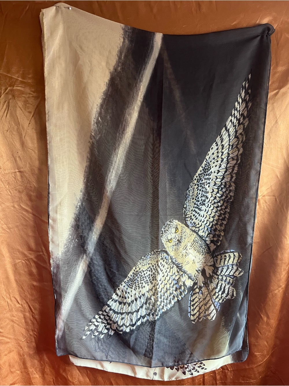 Vintage Chiffon Black and Lemon Owl-Print Scarf